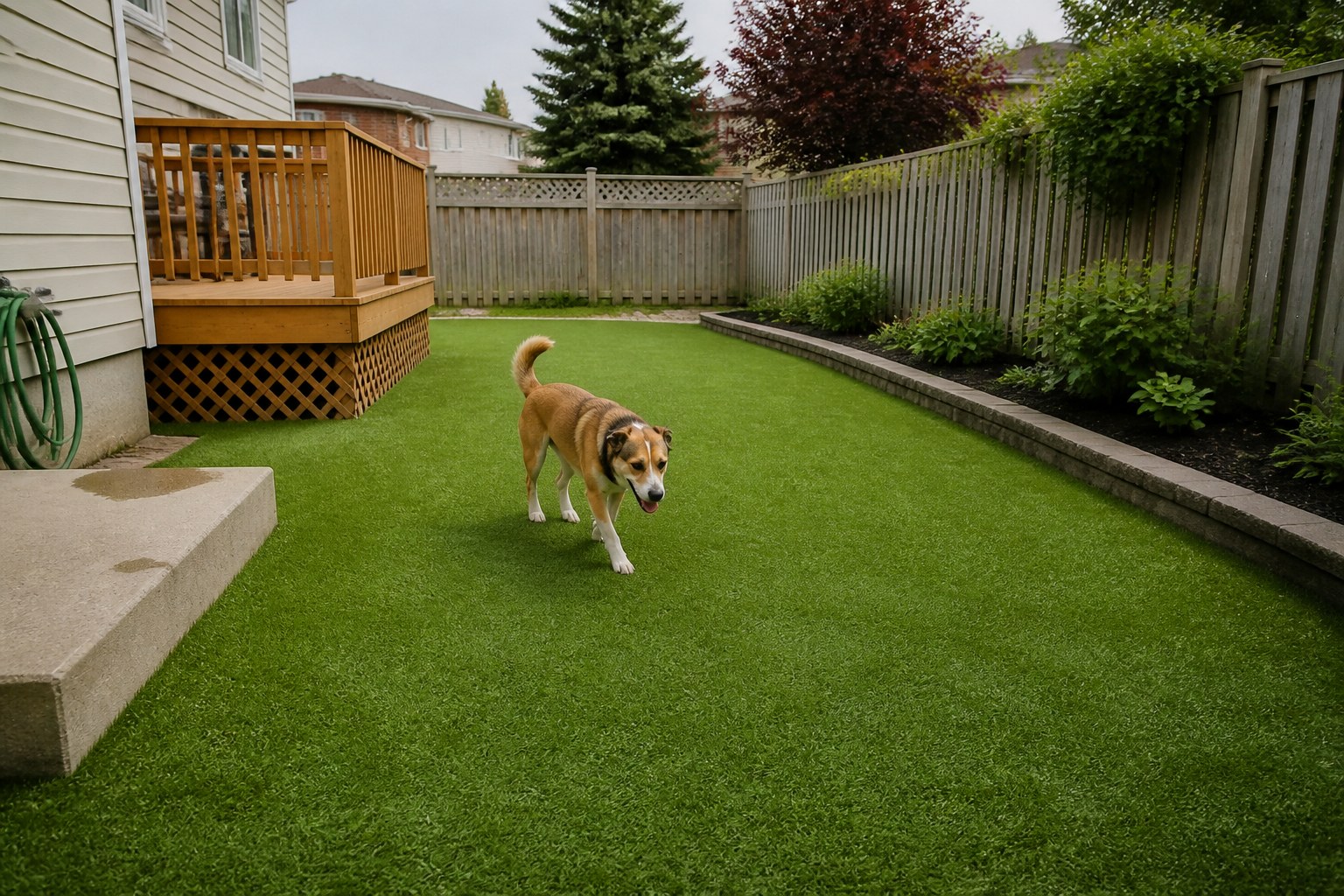 Dog sitting on artificial turf in a tidy fenced residential backyard