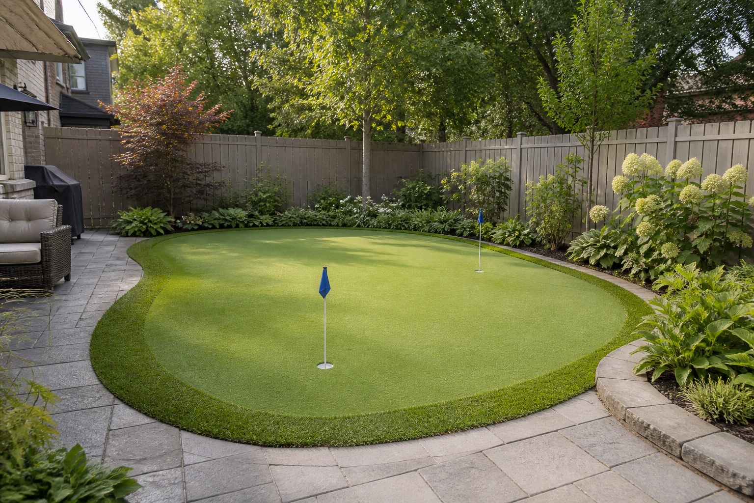 Backyard artificial putting green with two cups, fringe and stone edging
